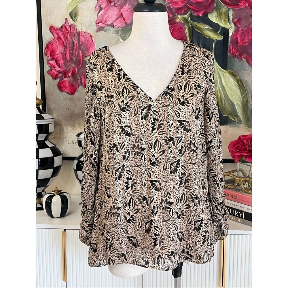 Vince Camuto Women's Floral V-Neck Balloon Long Sleeve Blouse Tan Black Large